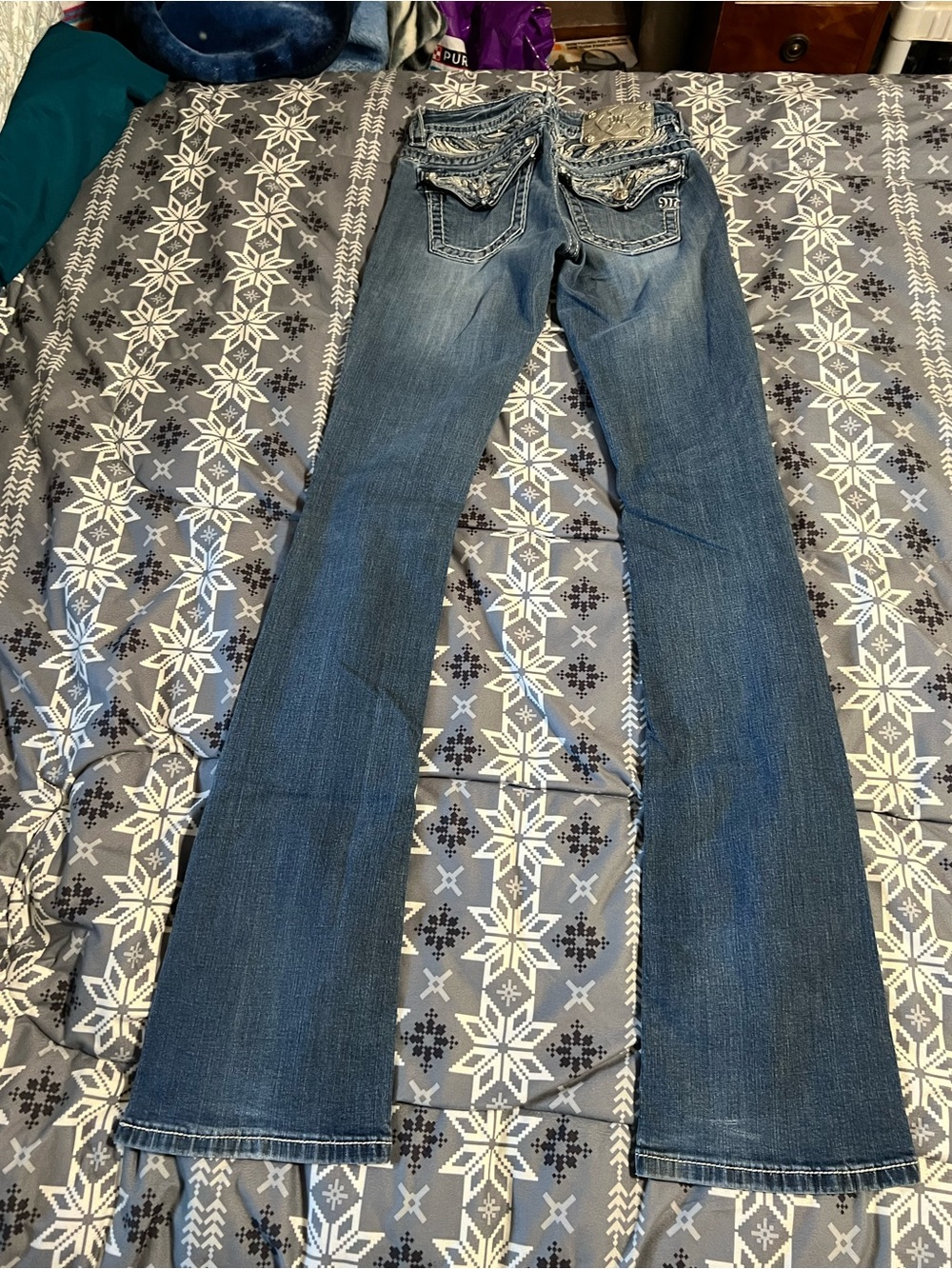 Miss Me Distressed Wide Leg Jeans in Medium Blue 37 inch inseam - Picture 5 of 8